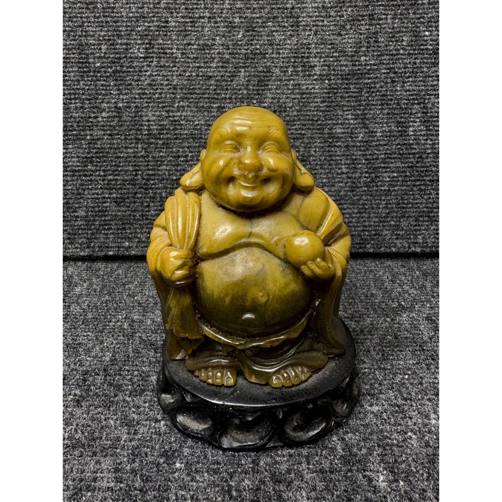 Laughing Buddha Hotei Figurine Yellow Green Faux Jade Soapstone Statue 4.5 inch